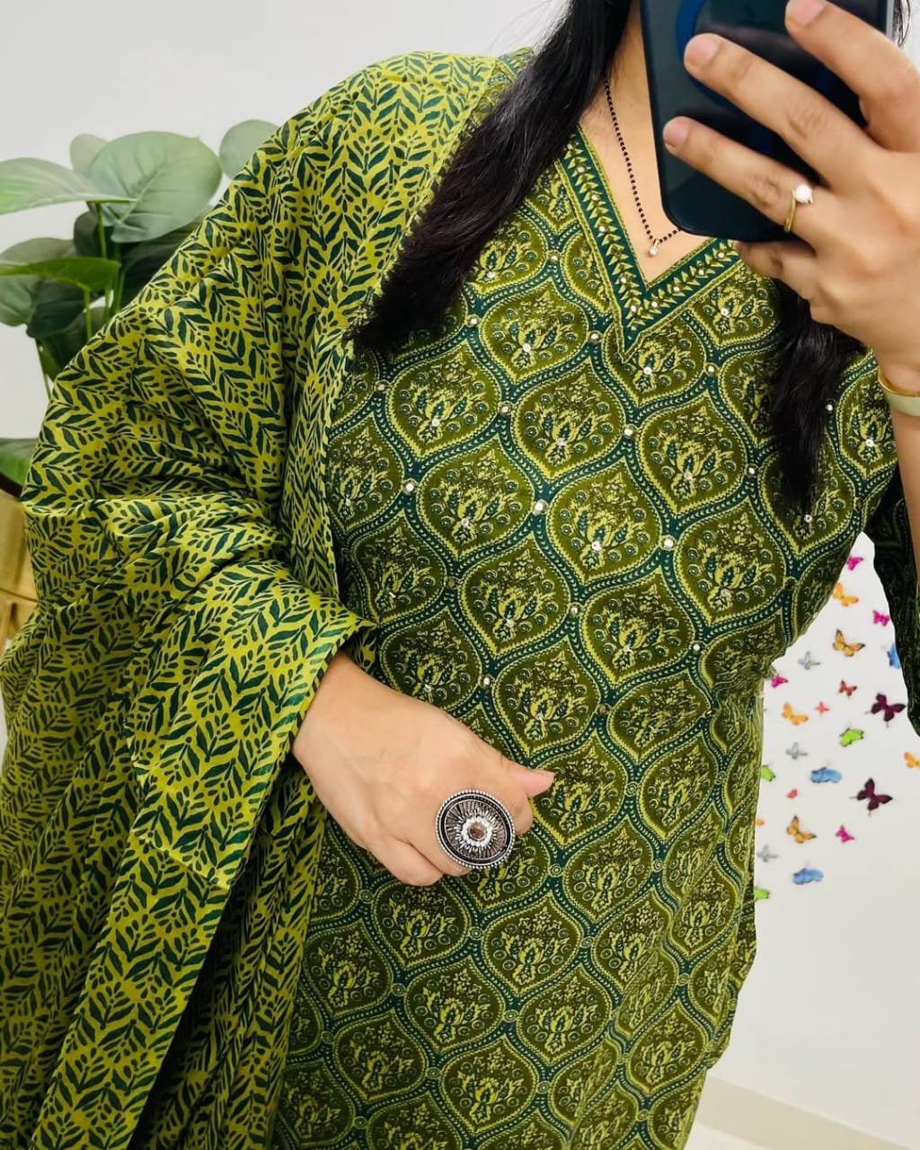 Floral Printed Cotton Kurti Pant Set with Dupatta